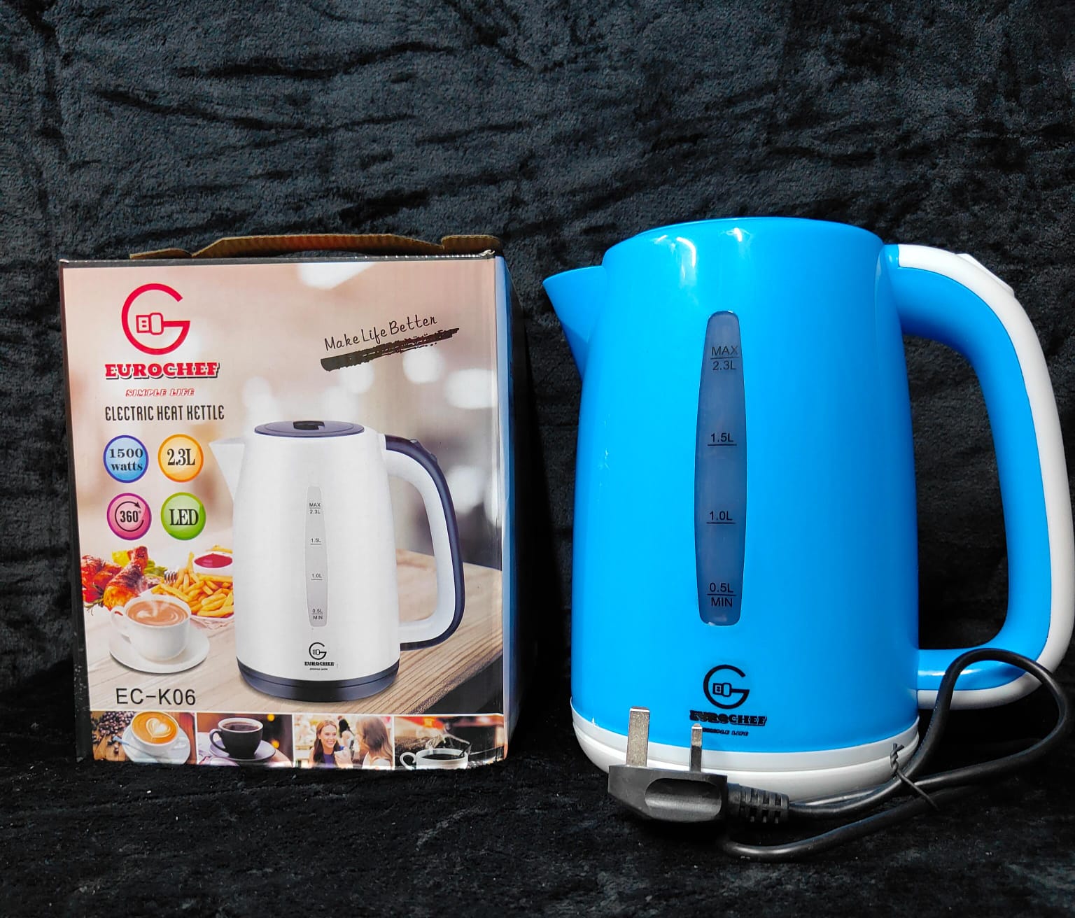 Eurochef 2.3L Electric Cordless Kettle 1500W Fast Boiling Water Heater with LED Indicator & 360° Swivel Base, Model EC-K06 – Vibrant Blue/ White