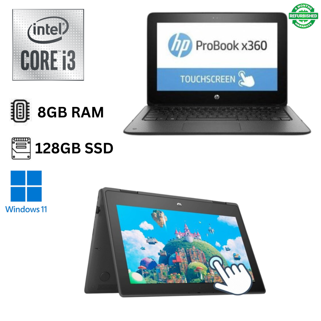 Refurbished HP ProBook X360 11 EE G6 Core i3 10th Gen 8GB RAM 128GB SSD 11.6 Inch Touchscreen 2 in 1 Convertible Windows 11 Pro MS Office HDMI Webcam Laptop