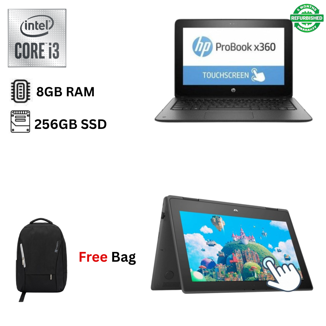 Refurbished HP ProBook X360 11 EE G6 Core i3 10th Gen 8GB RAM 256GB SSD 11.6 Inch Touchscreen 2 in 1 Convertible Windows 11 Pro MS Office HDMI Webcam Laptop + Bag