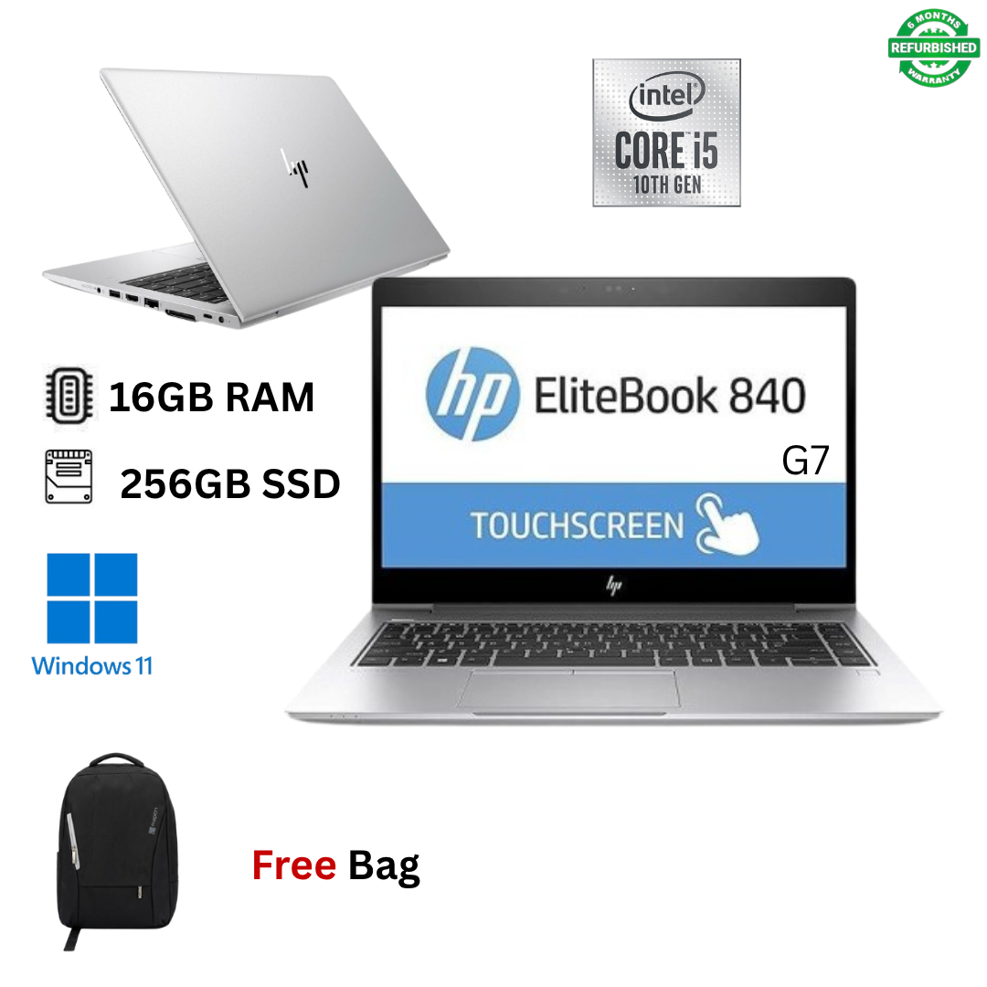 Refurbished HP EliteBook 840 G7 Core i5 10th Gen 16GB RAM 256GB SSD 14 Inch Full HD Touchscreen 1.6GHz up to 4.4GHz Quad Core Processor Windows 11 MS Office 2021 HDMI, Webcam, Ultra Slim Laptop + Bag