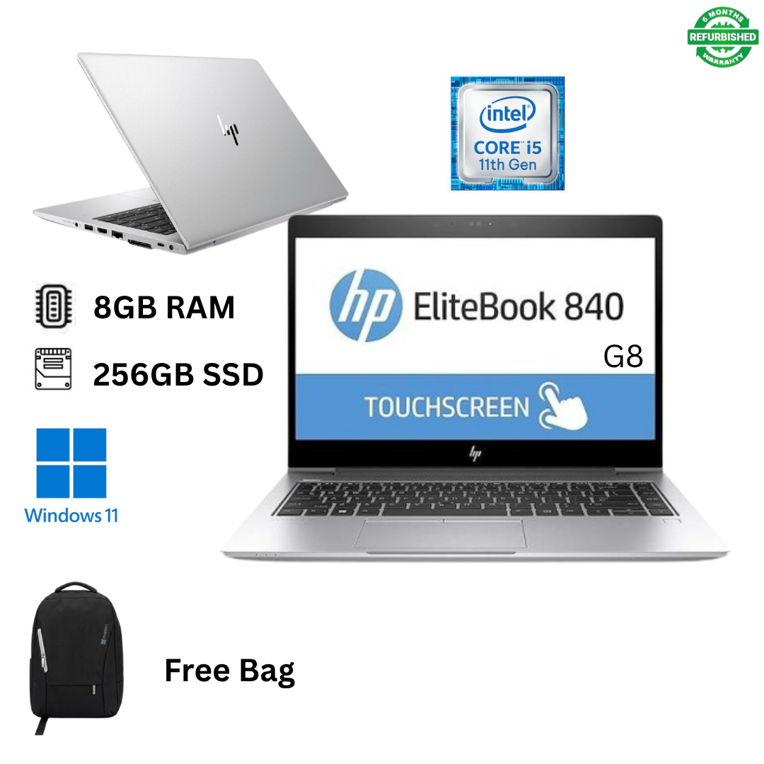 Refurbished HP EliteBook 840 G8 Core i5 11th Gen 8GB RAM 256GB SSD 14" Full HD Touchscreen 2.6GHz up to 4.4GHz Quad Core Processor Windows 11 Pro MS Office Webcam Ultra Slim Laptop + Bag