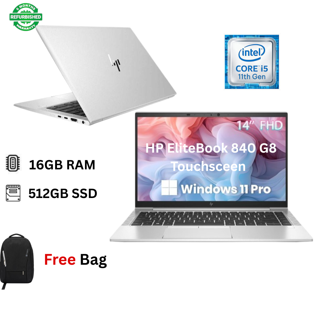 Refurbished HP EliteBook 840 G8 Core i5 11th Gen 16GB RAM 512GB SSD 14" Full HD Touchscreen 2.6GHz up to 4.4GHz Quad Core Processor Windows 11 Pro MS Office Webcam Ultra Slim Laptop + Free Bag