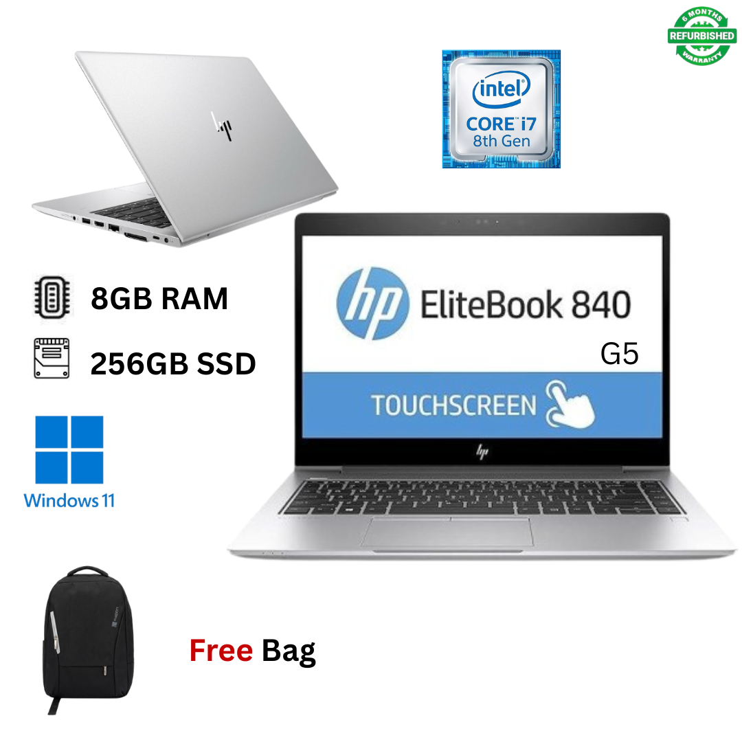 Refurbished HP EliteBook 840 G5 Core I7 8GB RAM 256GB SSD 8th Generation 14 inches Full HD Touchscreen 1.8GHz up to 4.3GHz Quad Core Processor Windows 11 Professional Ultra - Slim  Laptop + Bag