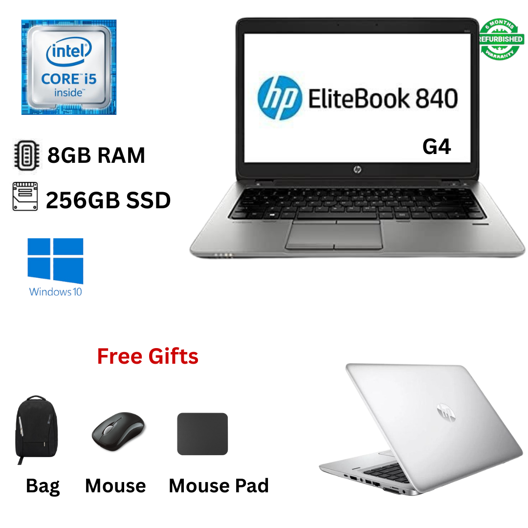 Refurbished HP EliteBook 840 G4 Core I5 8GB RAM 256GB SSD 7th Gen 14 Inches  2.5GHz up to 3.2GHz  Dual Core Processor Windows 10 Pro MS Office  Slim Laptop + Free Bag