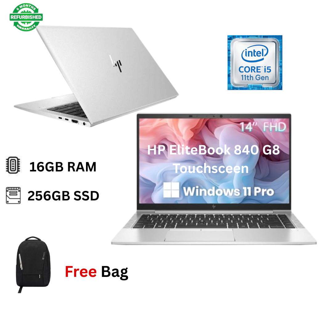 Refurbished HP EliteBook 840 G8 Core i5 11th Gen 16GB RAM 256GB SSD 14" Full HD Touchscreen 2.6GHz up to 4.4GHz Quad Core Processor Windows 11 Pro MS Office Webcam Ultra Slim Laptop + Free Bag
