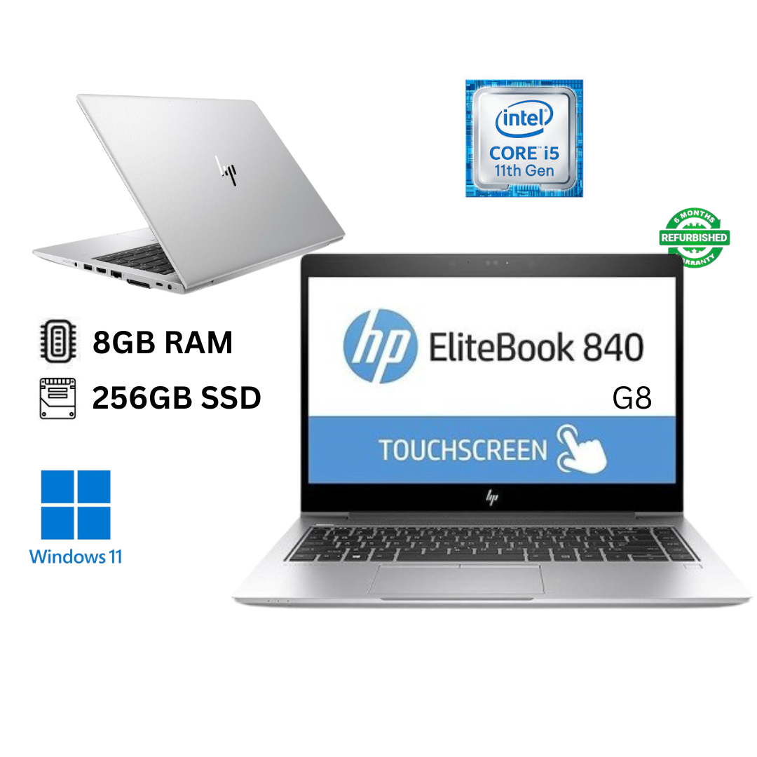 Refurbished HP EliteBook 840 G8 Core i5 11th Gen 8GB RAM 256GB SSD 14" Full HD Touchscreen 2.6GHz up to 4.4GHz Quad Core Processor Windows 11 Pro MS Office Webcam Ultra Slim Laptop