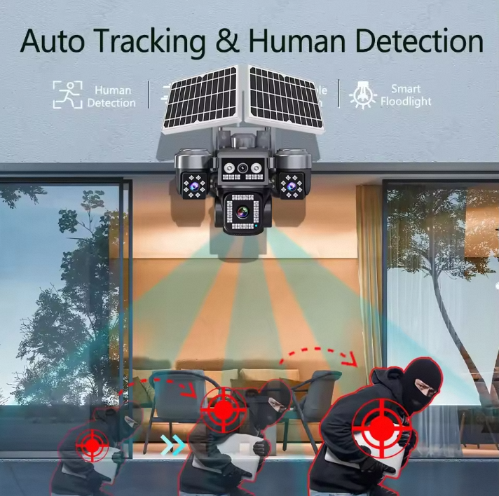 4G 4 Lens Solar CCTV Camera 8K Ultra HD Wireless Outdoor Security Camera with AI Motion Detection & Night Vision with 2 solar panels