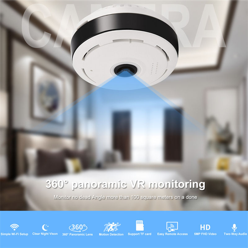360° Panoramic VR Mini WiFi CCTV Camera 5MP FHD Ceiling Fisheye Wireless Home Security Hidden Nanny Spy Cam Motion Detection Clear Night Vision Two-Way Audio Mobile Remote Access TF Card Support