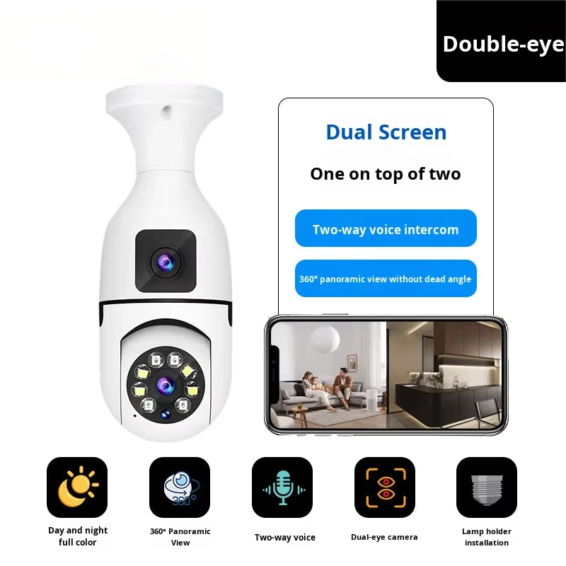 Dual Lens WiFi CCTV Bulb Camera 360° PTZ Wireless Security Camera AI Human Detection Full HD 1080P Color Night Vision Two-Way Audio Motion Tracking Remote Viewing