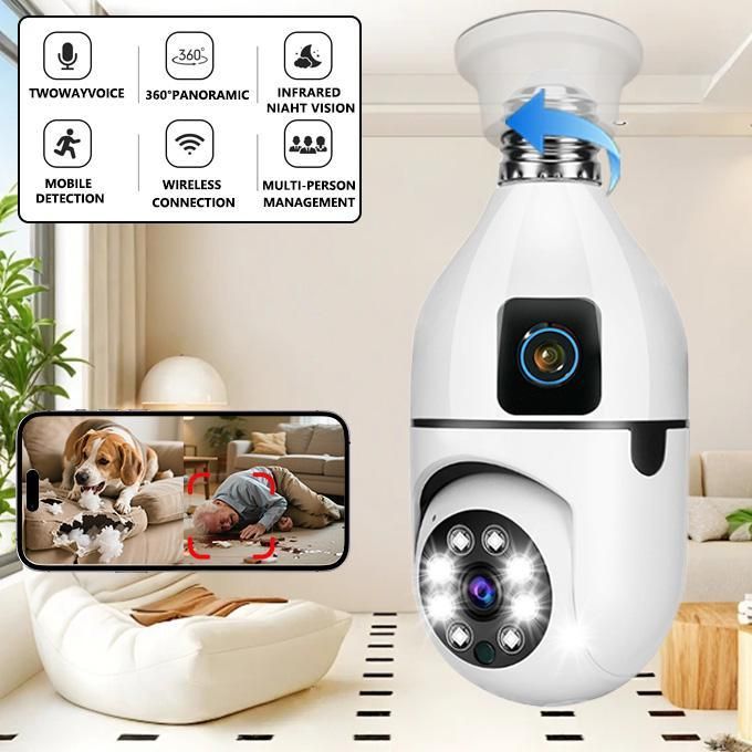 Dual Lens WiFi CCTV Bulb Camera 360° PTZ Wireless Security Camera AI Human Detection Full HD 1080P Color Night Vision Two-Way Audio Motion Tracking Remote Viewing