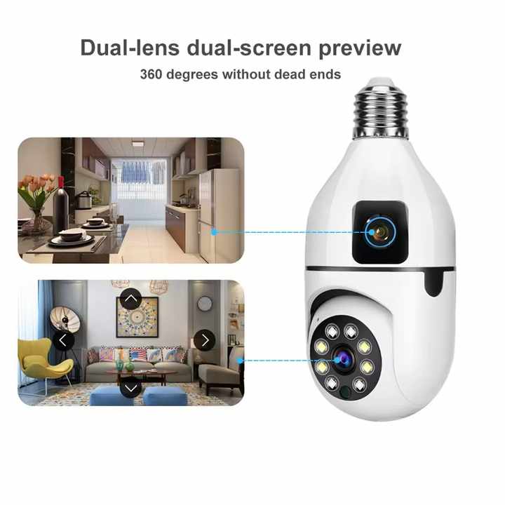 Dual Lens WiFi CCTV Bulb Camera 360° PTZ Wireless Security Camera AI Human Detection Full HD 1080P Color Night Vision Two-Way Audio Motion Tracking Remote Viewing