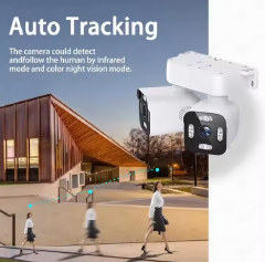 Smart 4MP Dual WiFi CCTV Camera with PTZ control, motion detection, color night vision, two-way audio and remote monitoring for home security.
