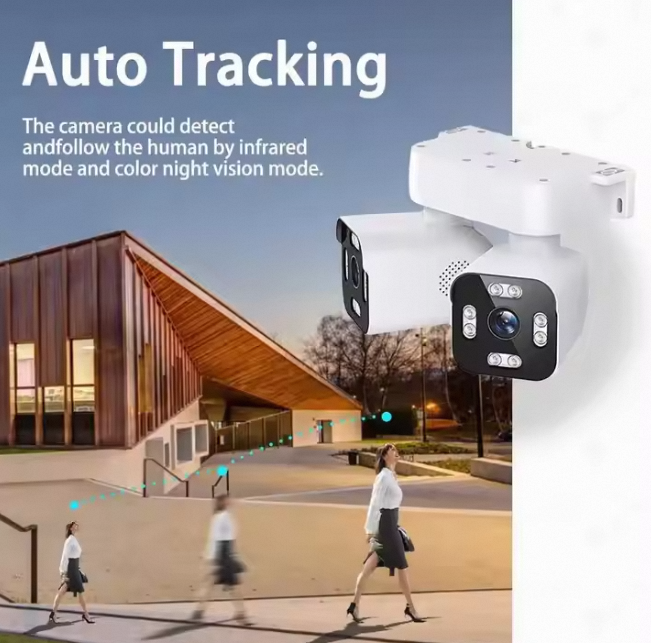 Smart 4MP Dual WiFi CCTV Camera with PTZ control, motion detection, color night vision, two-way audio and remote monitoring for home security.