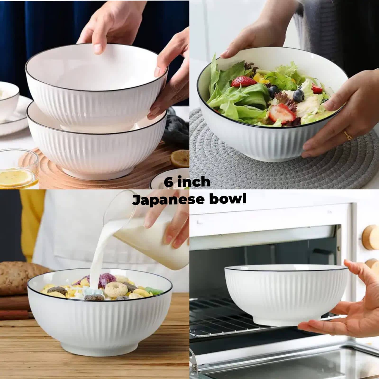 6 Inch Japanese Ceramic Bowls Set Elegant Minimalist Dining Bowls Durable Porcelain Style Serving Bowls for Rice Soup Noodles Salad Desserts Home Kitchen Restaurant Use Stylish Tableware Set