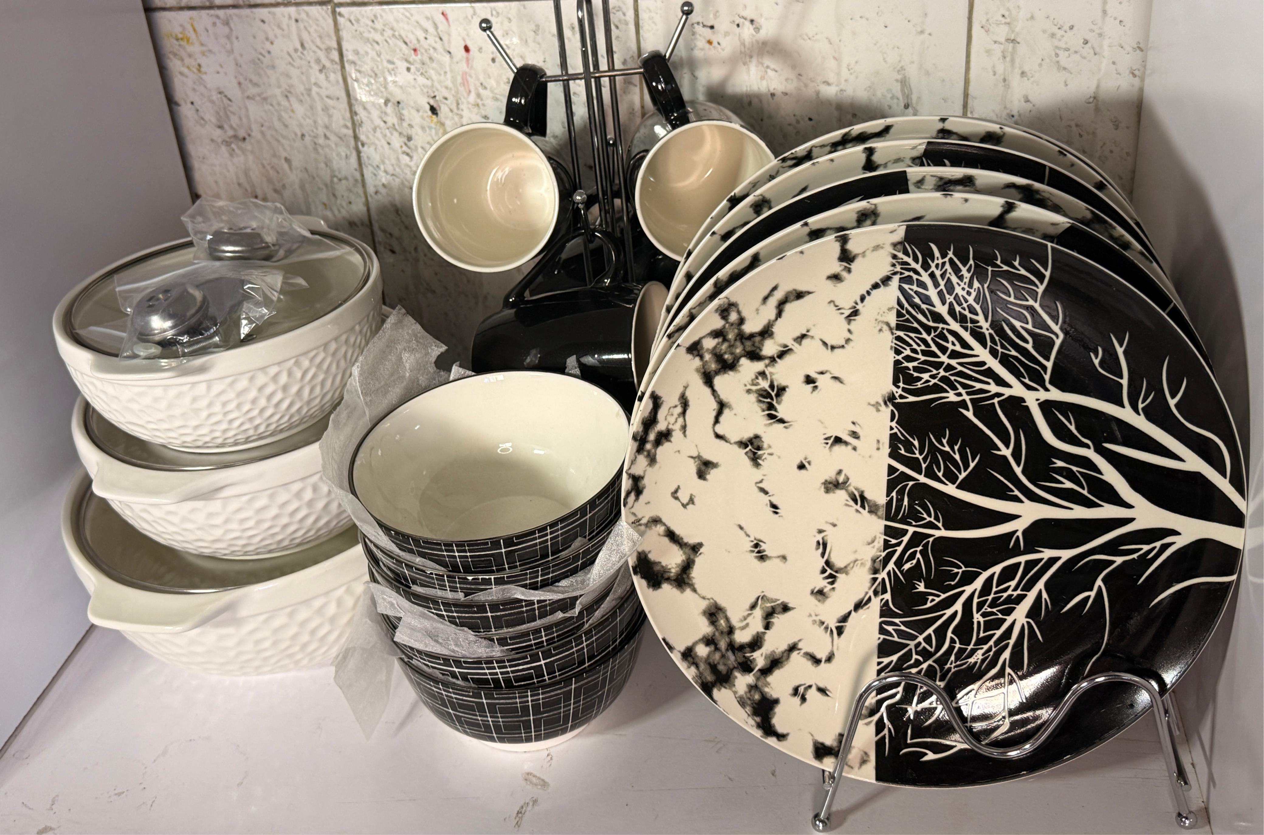 24pcs Dinner Set Combo Elegant Ceramic Tableware Set 6 Black Checked Bowls 6 Black Mugs 6 Tree Design Plates 3 Ceramic Serving Dishes Stylish Complete Dining Set for Home Kitchen Restaurant Use Durabl
