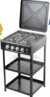 Nunix Full Gas Standing Cooker with Shelf – Freestanding 4 Burner Gas Cooker with Spacious Oven, Built-In Storage Shelves, Automatic Ignition, Durable Easy-Clean Design for Modern Kitchens