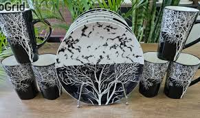 24pcs Dinner Set Combo Elegant Ceramic Tableware Set 6 Black Checked Bowls 6 Black Mugs 6 Tree Design Plates 3 Ceramic Serving Dishes Stylish Complete Dining Set for Home Kitchen Restaurant Use Durabl