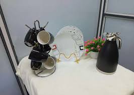 13pcs Dinner Set Complete Dining & Beverage Set 6 Ceramic Plates 6 Cups with Insulated Flask Stylish Tableware Set for Home Kitchen Office and Events Durable Serving Set for Tea Coffee and Meals Elega