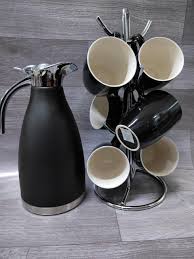 13pcs Dinner Set Complete Dining & Beverage Set 6 Ceramic Plates 6 Cups with Insulated Flask Stylish Tableware Set for Home Kitchen Office and Events Durable Serving Set for Tea Coffee and Meals Elega