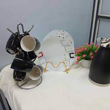 13pcs Dinner Set Complete Dining & Beverage Set 6 Ceramic Plates 6 Cups with Insulated Flask Stylish Tableware Set for Home Kitchen Office and Events Durable Serving Set for Tea Coffee and Meals Elega