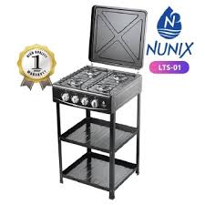Nunix Full Gas Standing Cooker with Shelf – Freestanding 4 Burner Gas Cooker with Spacious Oven, Built-In Storage Shelves, Automatic Ignition, Durable Easy-Clean Design for Modern Kitchens