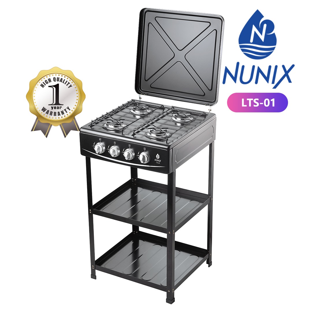 Nunix Full Gas Standing Cooker with Shelf – Freestanding 4 Burner Gas Cooker with Spacious Oven, Built-In Storage Shelves, Automatic Ignition, Durable Easy-Clean Design for Modern Kitchens