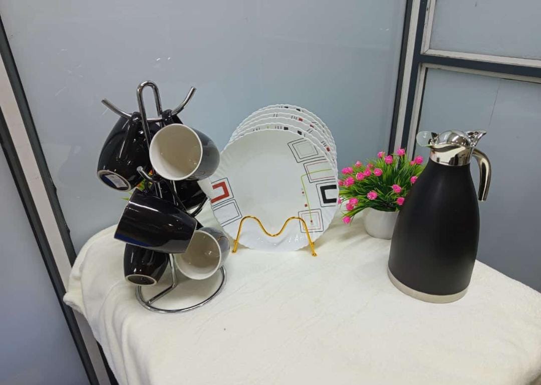 13pcs Dinner Set Complete Dining & Beverage Set 6 Ceramic Plates 6 Cups with Insulated Flask Stylish Tableware Set for Home Kitchen Office and Events Durable Serving Set for Tea Coffee and Meals Elega