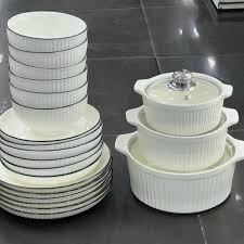 27pcs Japanese Dinner Set with 6 Dinner Plates, 6 Mugs, 6 Bowls, 6 Side Plates and 3 Serving Dishes with Glass Lids, Complete Ceramic Dinnerware Service for Home Kitchen and Guest Hosting