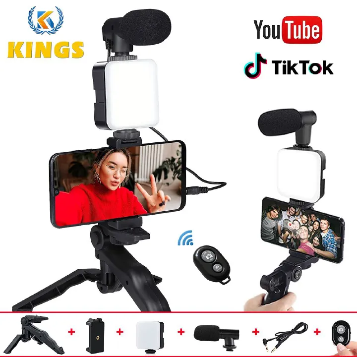 Tripod Phone Stand with Ring Light and Microphone, All-in-One Video Recording Kit for Content Creators, Live Streaming, YouTube, and TikTok, Complete Setup for Lighting, Audio, and Stability