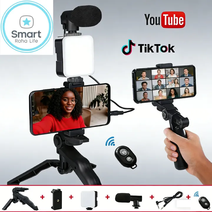 Tripod Phone Stand with Ring Light and Microphone, All-in-One Video Recording Kit for Content Creators, Live Streaming, YouTube, and TikTok, Complete Setup for Lighting, Audio, and Stability