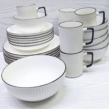 27pcs Japanese Dinner Set with 6 Dinner Plates, 6 Mugs, 6 Bowls, 6 Side Plates and 3 Serving Dishes with Glass Lids, Complete Ceramic Dinnerware Service for Home Kitchen and Guest Hosting