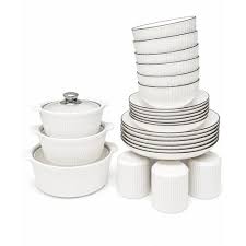 27pcs Japanese Dinner Set with 6 Dinner Plates, 6 Mugs, 6 Bowls, 6 Side Plates and 3 Serving Dishes with Glass Lids, Complete Ceramic Dinnerware Service for Home Kitchen and Guest Hosting