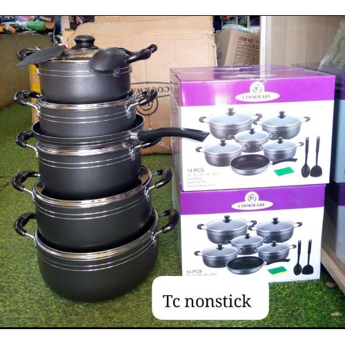 TC 14 Pieces Heavy duty Non Stick Cooking Pots/Sufuria with a pan, silicon serving spoons And Glass Lids- black.
Non-stick Coating‎,‎ 
Internally reinforced 2 coats technology
Specially designed botto
