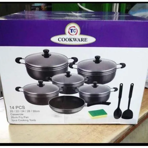TC 14 Pieces Heavy duty Non Stick Cooking Pots/Sufuria with a pan, silicon serving spoons And Glass Lids- black.
Non-stick Coating‎,‎ 
Internally reinforced 2 coats technology
Specially designed botto