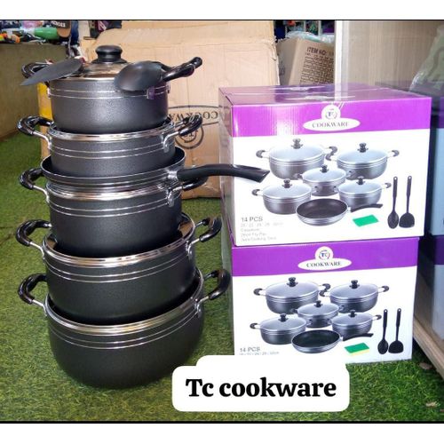 TC 14 Pieces Heavy Non-Stick Cooking HEAVY DUTY Pot Sufuria Set.Tc 14 PCs nonstick cookware Contains 5 cooking pots and 5 glass lids 1 pc scotch Brite 2 pc Nonstick spoons