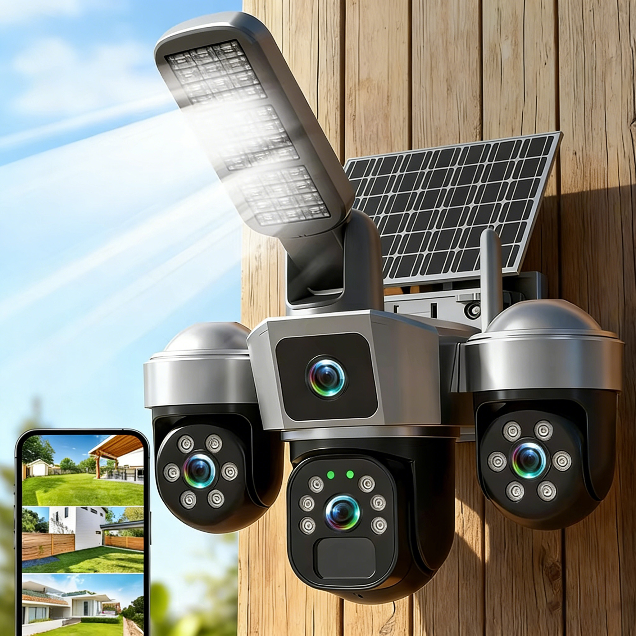 Solar CCTV camera with floodlight 3 lens simcard solar cctv camera with motion detection,siren,360 rotation,waterproof,memory card slot,2way talking,phone viewing,easy to install 4G solar cctv camera.