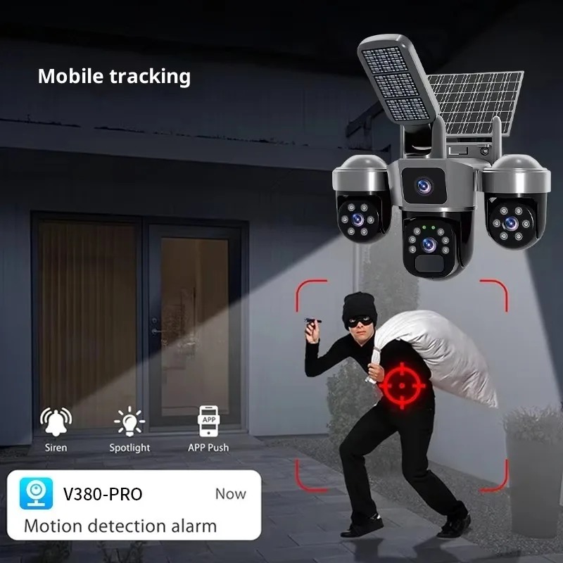Solar CCTV camera with floodlight 3 lens simcard solar cctv camera with motion detection,siren,360 rotation,waterproof,memory card slot,2way talking,phone viewing,easy to install 4G solar cctv camera.