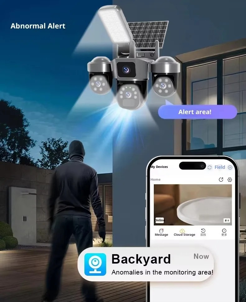 Solar CCTV camera with floodlight 3 lens simcard solar cctv camera with motion detection,siren,360 rotation,waterproof,memory card slot,2way talking,phone viewing,easy to install 4G solar cctv camera.