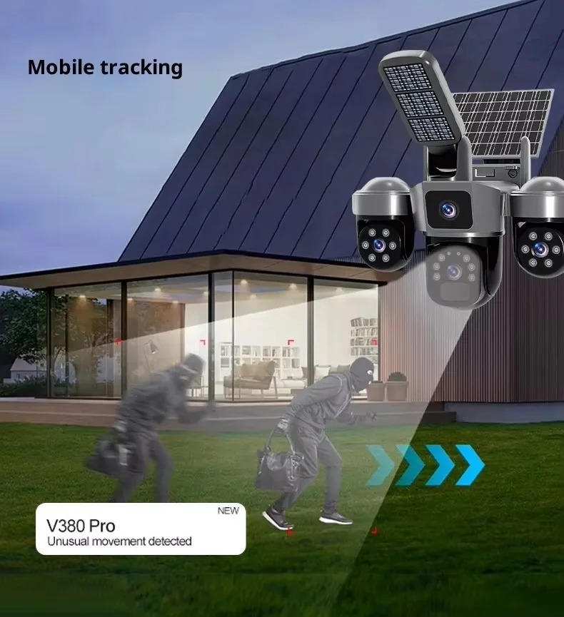 Solar CCTV camera with floodlight 3 lens simcard solar cctv camera with motion detection,siren,360 rotation,waterproof,memory card slot,2way talking,phone viewing,easy to install 4G solar cctv camera.