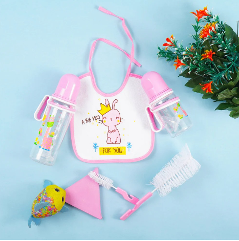 7pcs Baby Feeding Set
A full feeding kit that includes two feeding bottles, a bib, bottle cleaning brushes, ear buds, and a baby pacifier. Made with baby-friendly materials and convenient accessories
