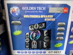 A1 Golden Tech GT-9017 3.1CH Multimedia Speaker System – Powerful Bass & Surround Sound, Bluetooth wireless connectivity
USB input, SD card slot, Built-in FM radio, AUX input, Remote control included.