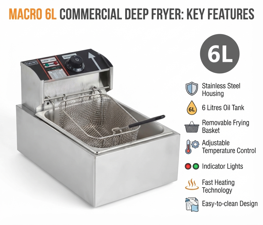 Macro Single Deep Fryer 6L + Stainless Steel Chips Cutter - Ideal for frying chips, chicken, samosas, sausages and more, Suitable for restaurants, cafés, hotels and takeaway businesses