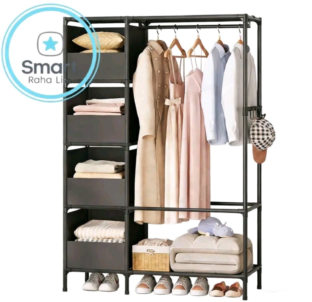 Multifunctional Wardrobe Organiser - Hanging rail for clothes and dresses, Multiple shelves for folded clothes and accessories, Storage compartments for better organization, Bottom space for shoes