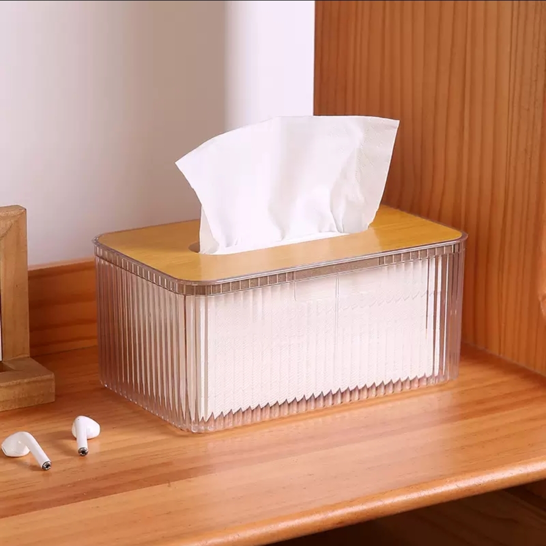 Nordic Minimalist Bamboo Tissue Box Holder – Transparent Japanese Style Desktop Serviette Organiser