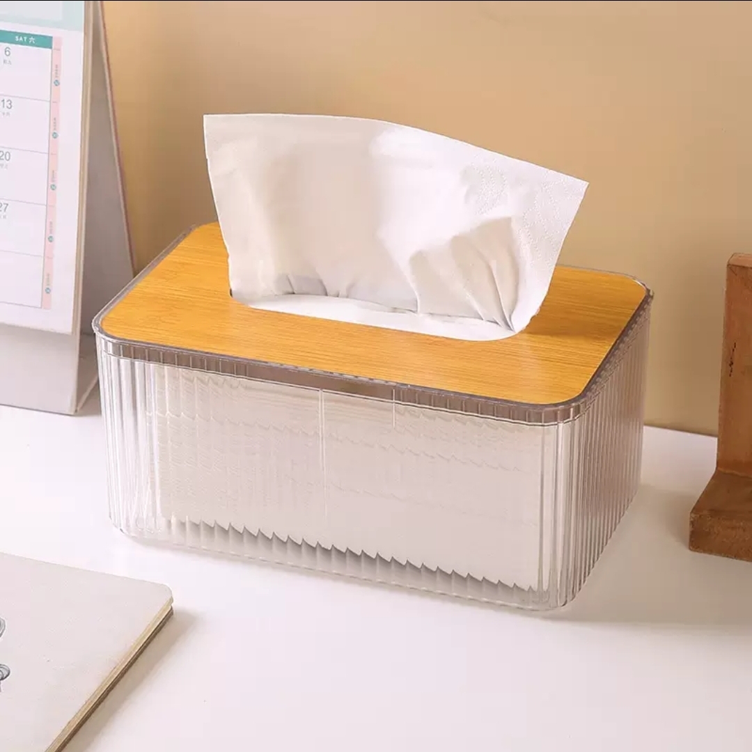 Nordic Minimalist Bamboo Tissue Box Holder – Transparent Japanese Style Desktop Serviette Organiser
