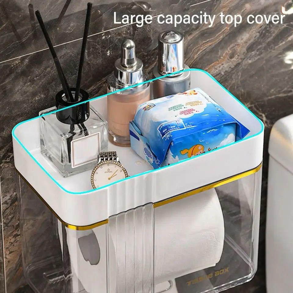 Luxury Gold Plated Wall Mounted Tissue Box – Waterproof Punch-Free Holder with Storage Tray