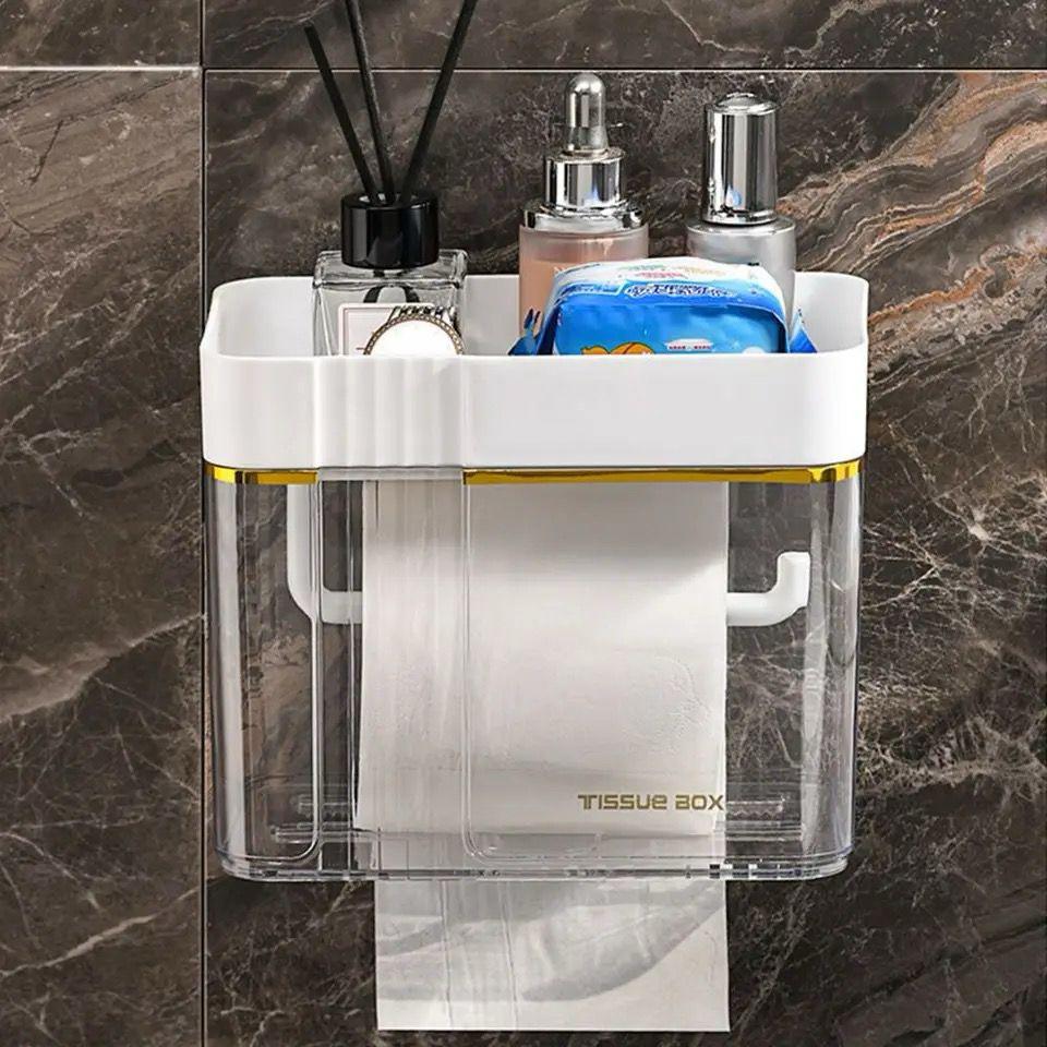 Luxury Gold Plated Wall Mounted Tissue Box – Waterproof Punch-Free Holder with Storage Tray