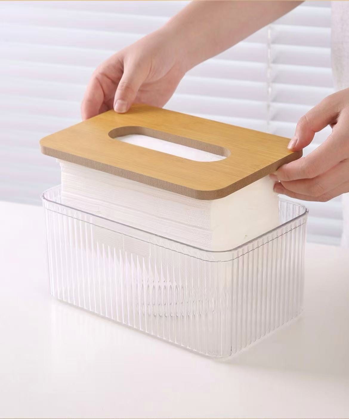 Nordic Minimalist Bamboo Tissue Box Holder – Transparent Japanese Style Desktop Serviette Organiser
