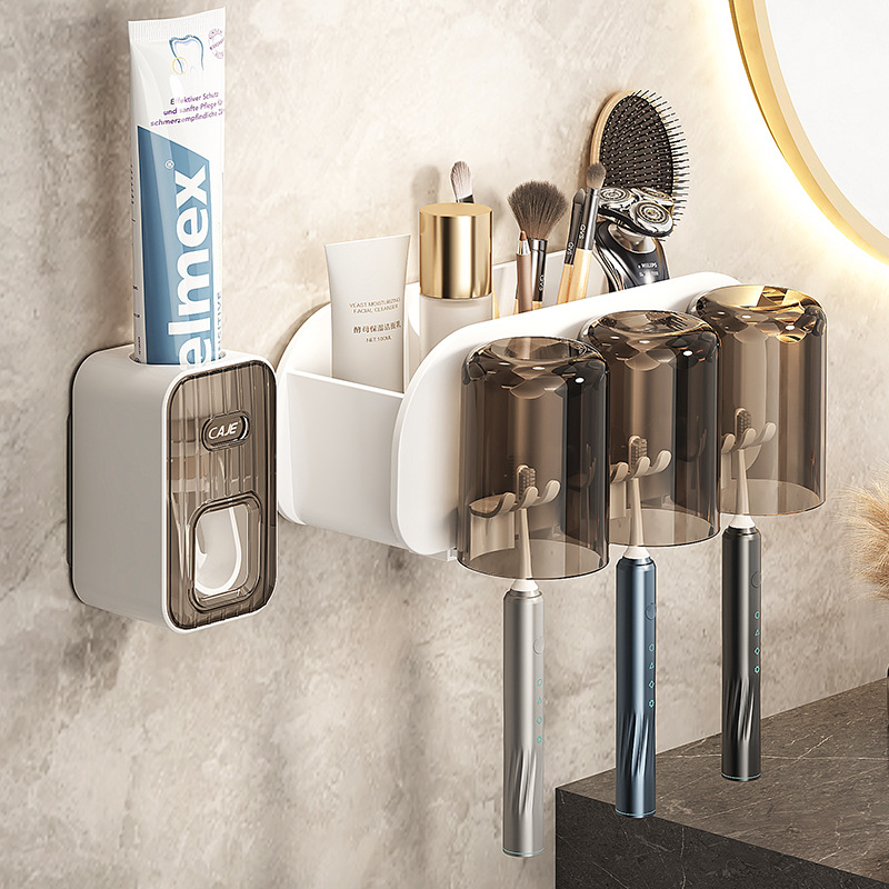 Premium Wall Mounted Toothbrush Holder & Toothpaste Dispenser with 4 Cups