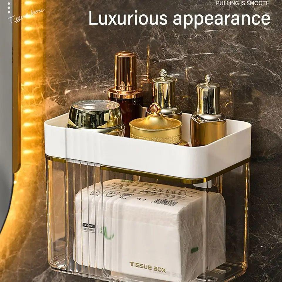 Luxury Gold Plated Wall Mounted Tissue Box – Waterproof Punch-Free Holder with Storage Tray